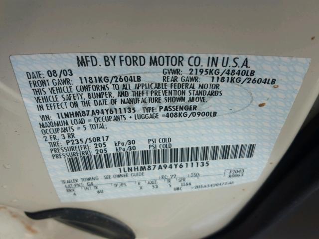 1LNHM87A94Y611135 - 2004 LINCOLN LS 奶油色 照片 10