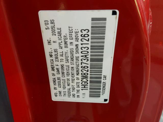 1HGCM82673A031263 - 2003 HONDA ACCORD EX RED photo 10