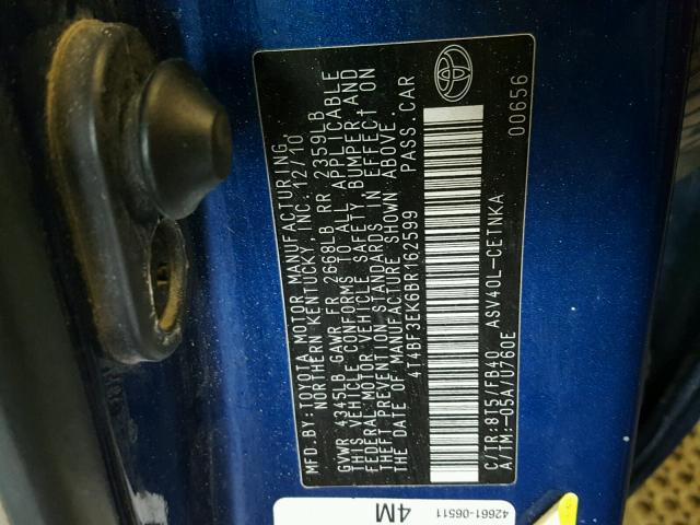 4T4BF3EK6BR162599 - 2011 TOYOTA CAMRY BASE BLUE photo 10