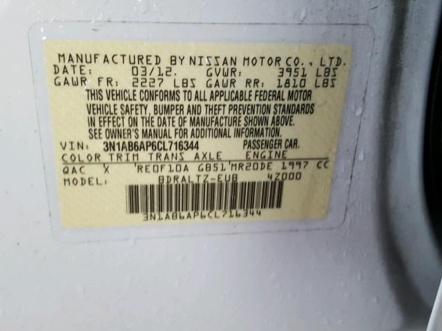 3N1AB6AP6CL716344 - 2012 NISSAN SENTRA 2.0 WHITE photo 10