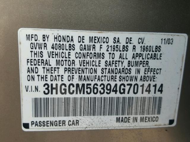 3HGCM56394G701414 - 2004 HONDA ACCORD LX GOLD photo 10