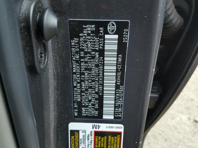 4T4BF3EK9AR087234 - 2010 TOYOTA CAMRY BASE GRAY photo 10
