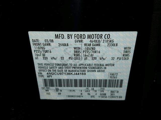 4M2CU97138KJ44169 - 2008 MERCURY MARINER PR BLACK photo 10