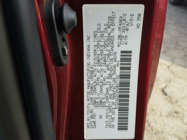 5TDZA22C24S037142 - 2004 TOYOTA SIENNA XLE BURGUNDY photo 10