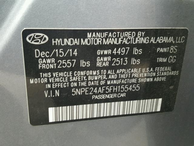 5NPE24AF5FH155455 - 2015 HYUNDAI SONATA SE GRAY photo 10