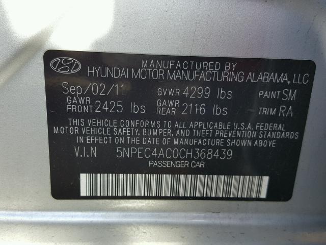 5NPEC4AC0CH368439 - 2012 HYUNDAI SONATA SE SILVER photo 10