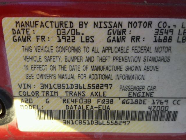 3N1CB51D36L558297 - 2006 NISSAN SENTRA 1.8 RED photo 10