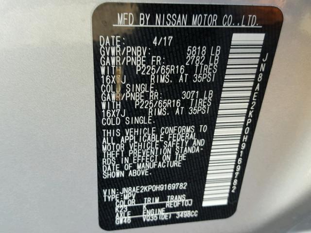 JN8AE2KP0H9169782 - 2017 NISSAN QUEST S SILVER photo 10