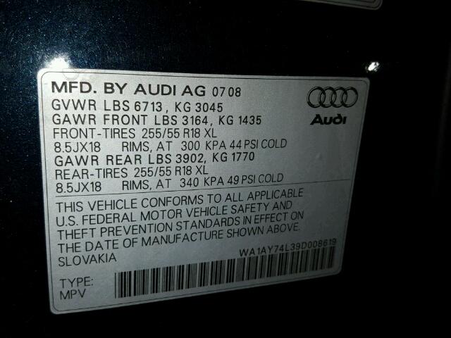 WA1AY74L39D008619 - 2009 AUDI Q7 3.6 QUA BLUE photo 10