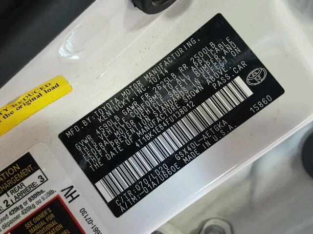 4T1BK1EB4FU138012 - 2015 TOYOTA AVALON XLE WHITE photo 10