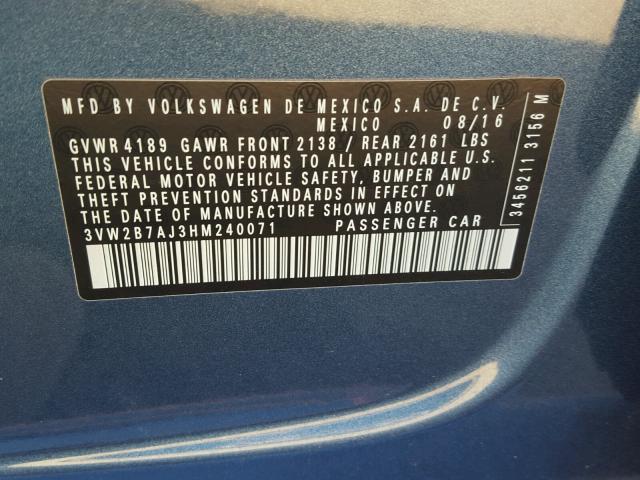 3VW2B7AJ3HM240071 - 2017 VOLKSWAGEN JETTA S Mavi foto 10