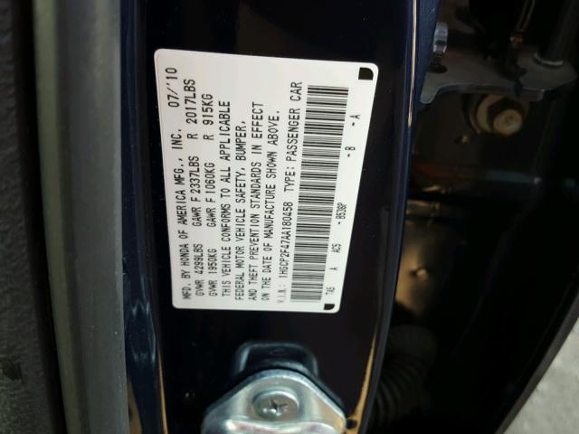 1HGCP2F47AA180458 - 2010 HONDA ACCORD LXP BLUE photo 10