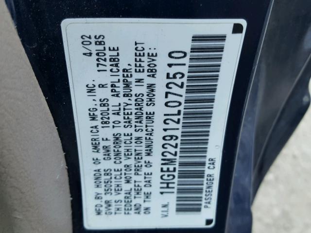 1HGEM22912L072510 - 2002 HONDA CIVIC EX أزرق صورة 10