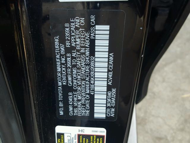 4T1BE46KX8U208932 - 2008 TOYOTA CAMRY CE BLACK photo 10