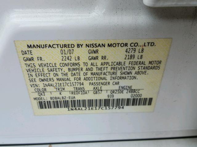 1N4AL21E17C157794 - 2007 NISSAN ALTIMA 2.5 WHITE photo 10