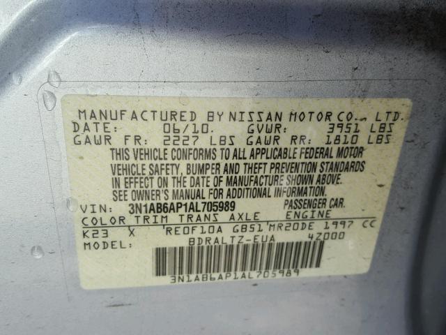 3N1AB6AP1AL705989 - 2010 NISSAN SENTRA 2.0 SILVER photo 10