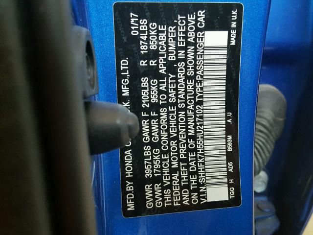 SHHFK7H55HU217102 - 2017 HONDA CIVIC EX BLUE photo 10