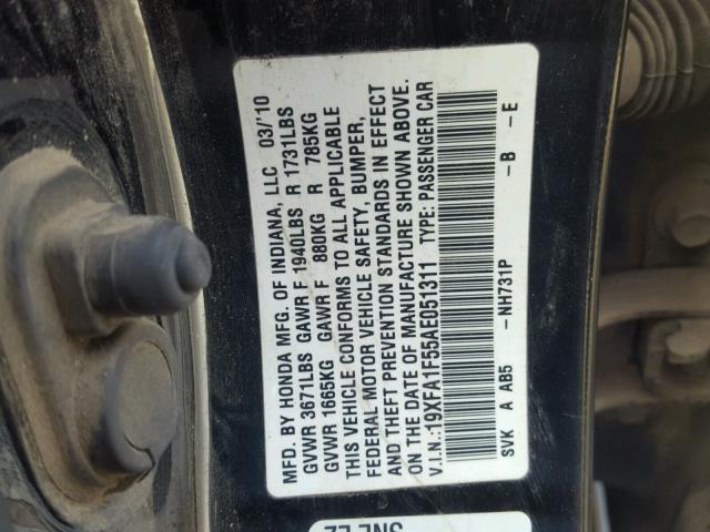 19XFA1F55AE051311 - 2010 HONDA CIVIC LX BLACK photo 10