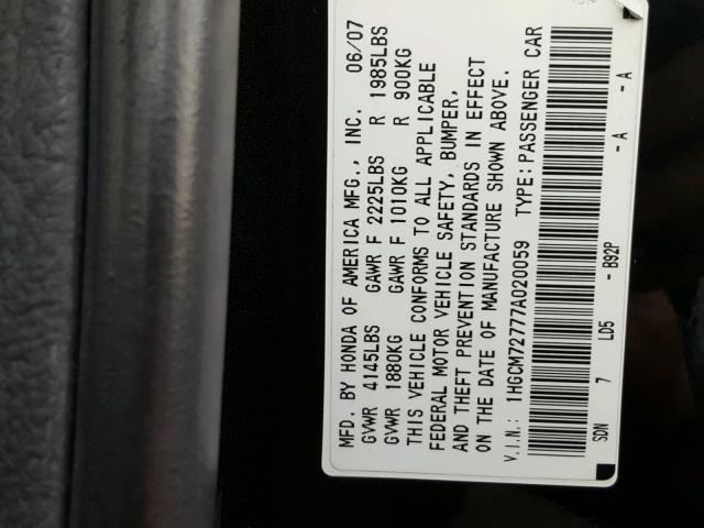 1HGCM72777A020059 - 2007 HONDA ACCORD EX BLACK photo 10