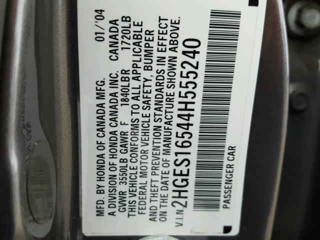 2HGES16544H555240 - 2004 HONDA CIVIC LX GRAY photo 10