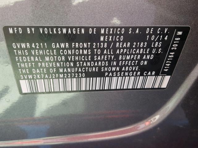 3VW2K7AJ2FM227230 - 2015 VOLKSWAGEN JETTA BASE გრაფიტი ფოტო 10