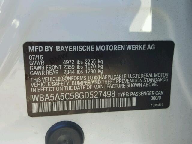 WBA5A5C58GD527498 - 2016 BMW 528 I WHITE photo 10