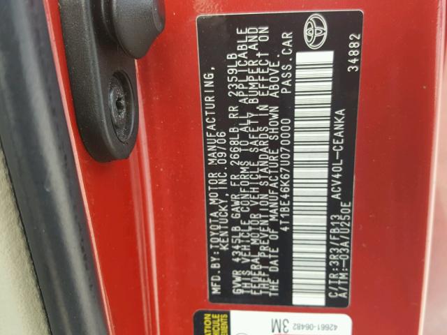 4T1BE46K67U070000 - 2007 TOYOTA CAMRY NEW RED photo 10