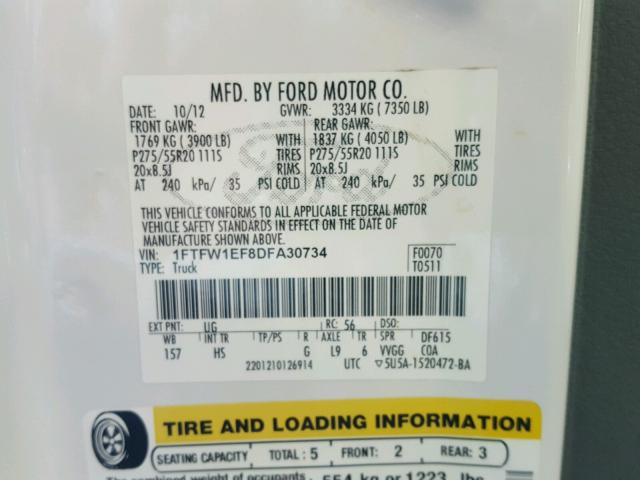 1FTFW1EF8DFA30734 - 2013 FORD F150 SUPER WHITE photo 10