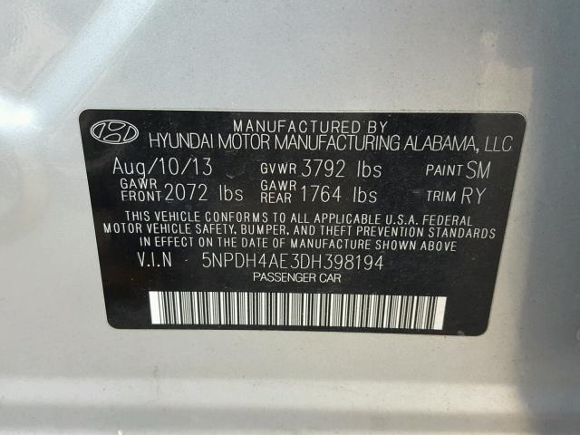 5NPDH4AE3DH398194 - 2013 HYUNDAI ELANTRA GL SILVER photo 10