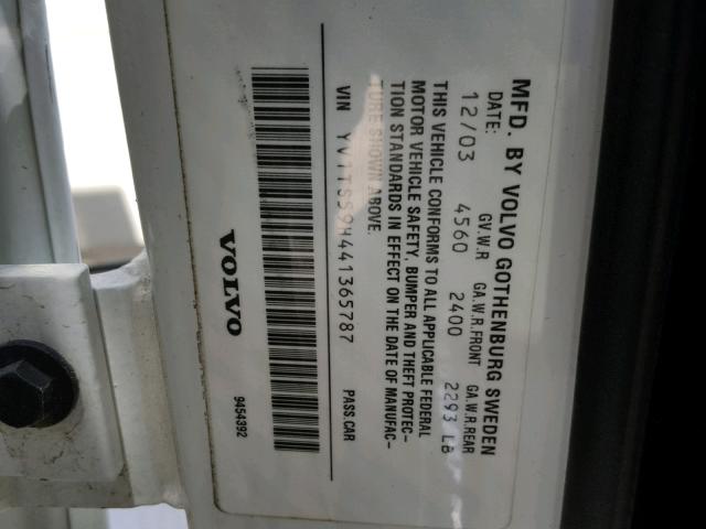 YV1TS59H441365787 - 2004 VOLVO S80 2.5T WHITE photo 10