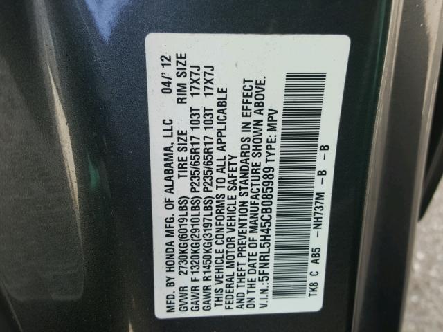 5FNRL5H45CB085989 - 2012 HONDA ODYSSEY EX GRAY photo 10