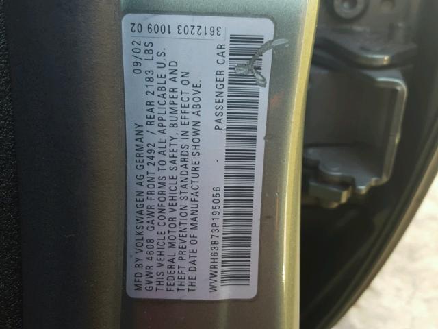 WVWRH63B73P195056 - 2003 VOLKSWAGEN PASSAT GLX GREEN photo 10