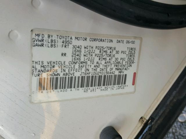 JT6HF10U2Y0156442 - 2000 LEXUS RX 300 WHITE photo 10