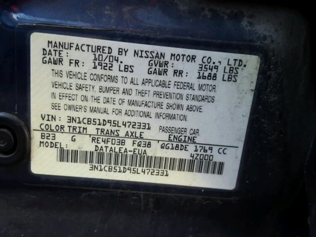 3N1CB51D95L472331 - 2005 NISSAN SENTRA 1.8 BLUE photo 10