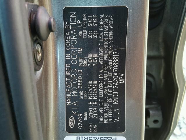 KNDJT2A20A7083817 - 2010 KIA SOUL + GRAY photo 10