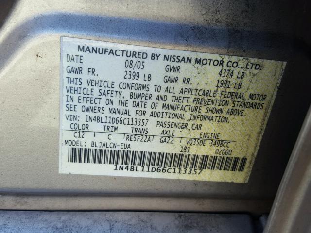 1N4BL11D66C113357 - 2006 NISSAN ALTIMA SE BEIGE photo 10