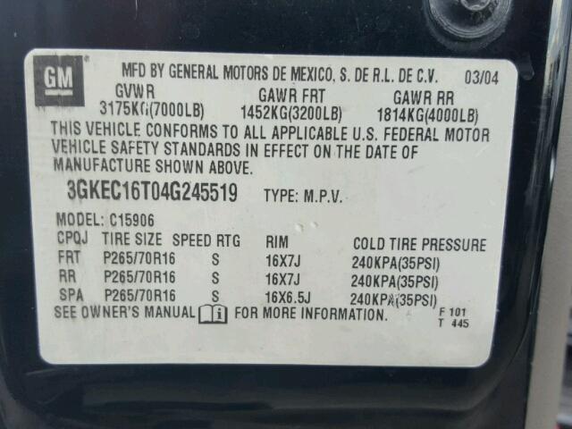 3GKEC16T04G245519 - 2004 GMC YUKON XL C BLACK photo 10