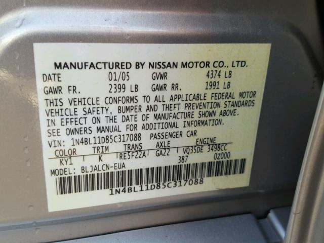 1N4BL11D85C317088 - 2005 NISSAN ALTIMA SE SILVER photo 10