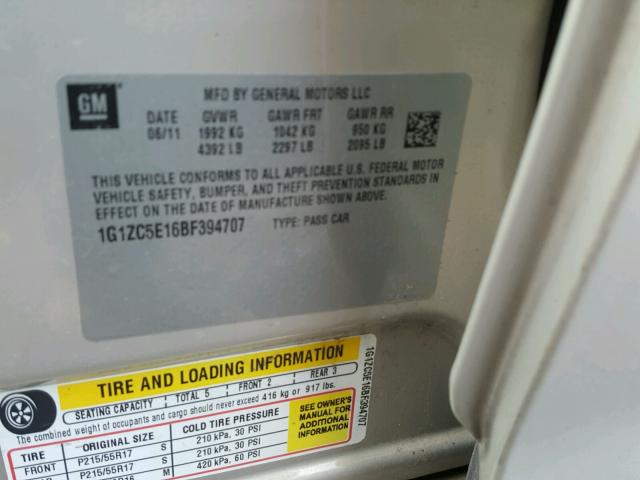 1G1ZC5E16BF394707 - 2011 CHEVROLET MALIBU 1LT 金色 照片 10