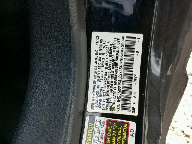 1HGEM22194L023164 - 2004 HONDA CIVIC DX V أسود صورة 10