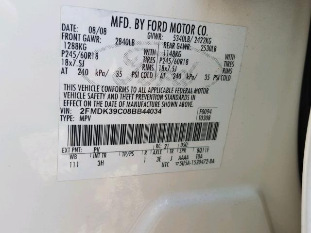 2FMDK39C08BB44034 - 2008 FORD EDGE LIMIT WHITE photo 10