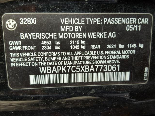 WBAPK7C5XBA773061 - 2011 BMW 328 XI BLACK photo 10