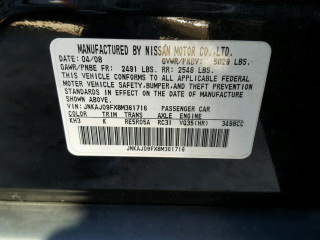 JNKAJ09FX8M361716 - 2008 INFINITI EX35 BASE BLACK photo 10
