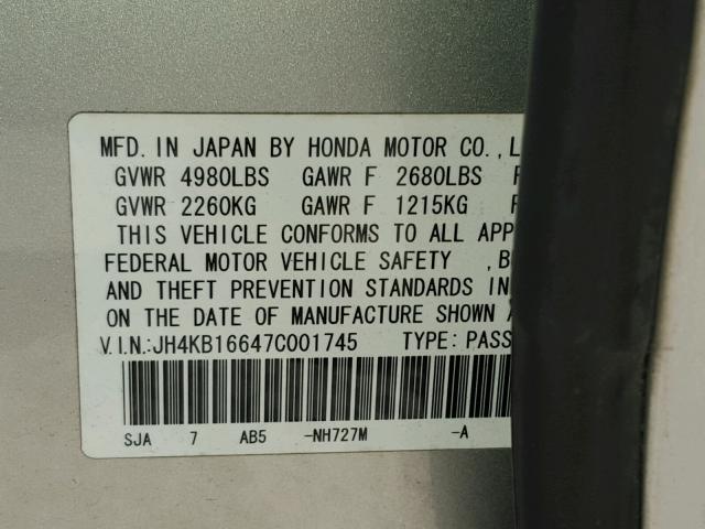 JH4KB16647C001745 - 2007 ACURA RL ვერცხლისფერი ფოტო 10