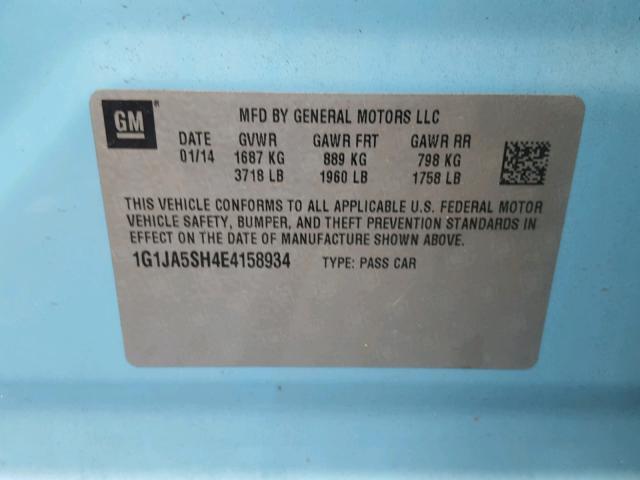 1G1JA5SH4E4158934 - 2014 CHEVROLET SONIC LS BLUE photo 10