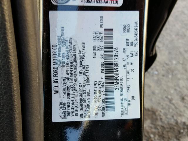 3FAHP0HA9BR120576 - 2011 FORD FUSION SE BLACK photo 10