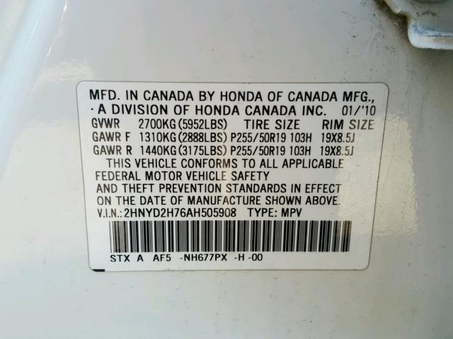 2HNYD2H76AH505908 - 2010 ACURA MDX ADVANC WHITE photo 10