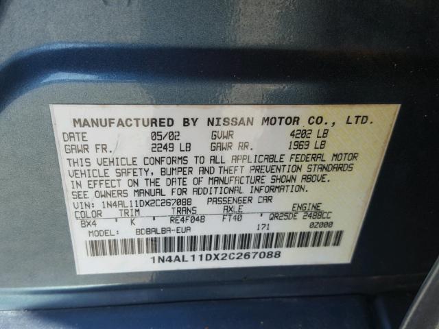 1N4AL11DX2C267088 - 2002 NISSAN ALTIMA BAS BLUE photo 10