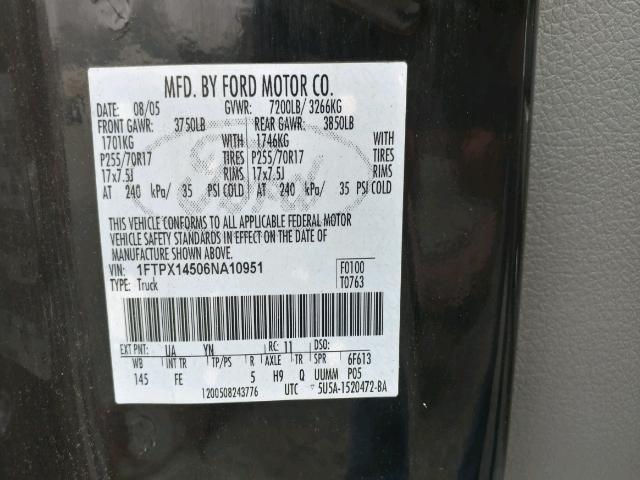 1FTPX14506NA10951 - 2006 FORD F150 BLACK photo 10