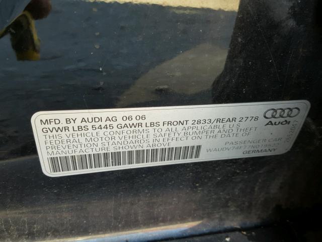 WAUDV74F77N019522 - 2007 AUDI A6 4.2 QUA BLACK photo 10